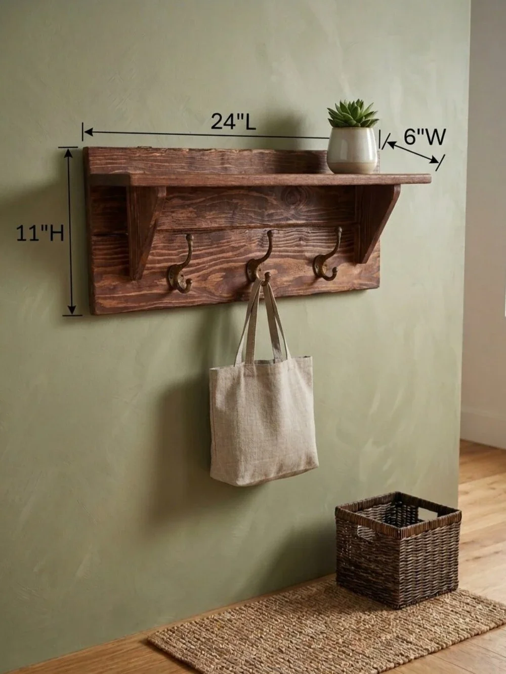 Rustic Wooden Wall Shelf with Cast Iron Hooks - Brown